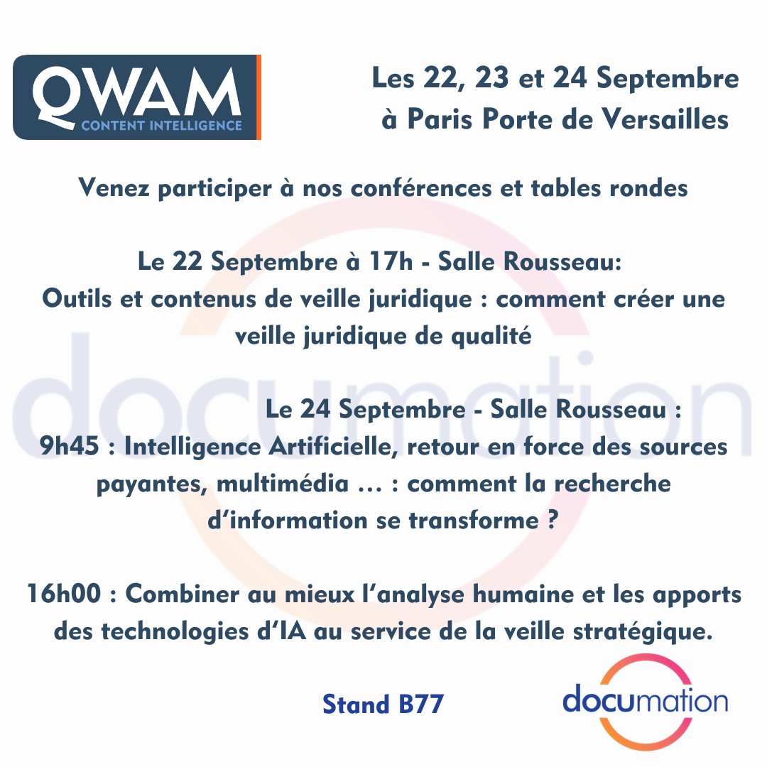 [#SaveTheDates#]
<a href="/QwamCI/">QWAM CI</a> vous donne rendez-vous pour 3 jours sur le salon @Documation2020 
Porte de Versailles les 22, 23 et 24 septembre au stand B77