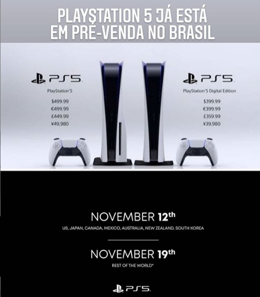 ColunaHighTech's tweet photo. Já dá para encomendar o novíssimo🎮#PlayStation5, novo console da @sonybrasil. Com especificações e preços revelados nesta semana em evento online, o #PS5 já pode ser adquirido por R$ 4.500 na versão sem leitor de Blu-Ray, e por R$ 5.000 na versão tradicional. https://t.co/HAfrhbGtZ9