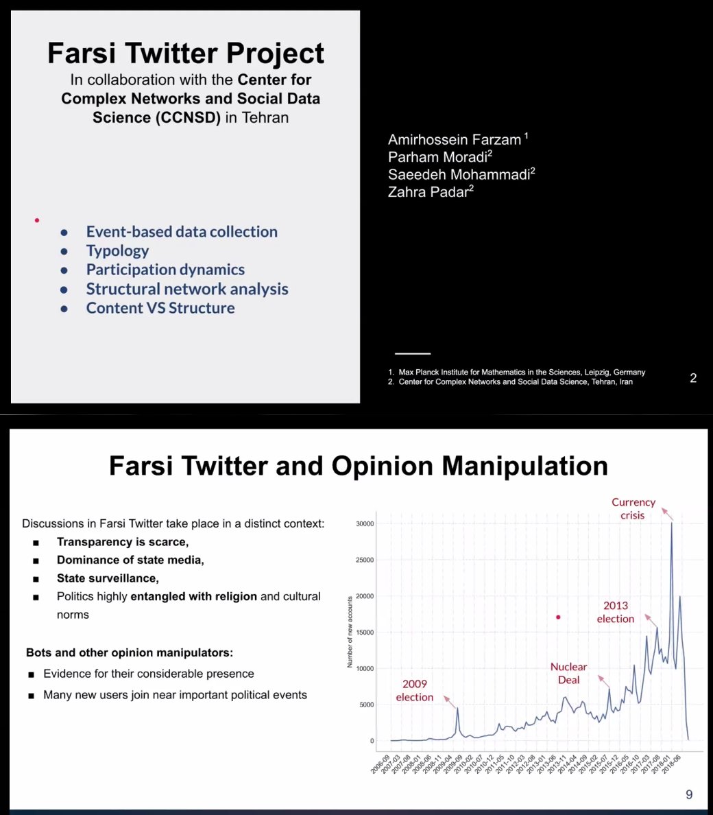 ComSocSci's tweet image. A very interesting presentation from @SBU_CCNSD and @mpiMathSci on the understudied Farsi Twittersphere @netsci2020 satellite @PCNet_20. They find that participation, network structure, and opinion manipulation differ for divisive discussions and apolitical discussions. #PCNet20