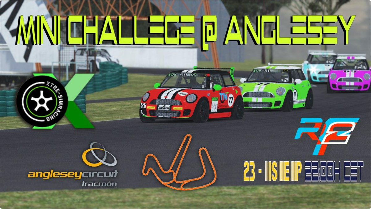 Mini Challenge @ Anglesey CIrcuit
23/09/20 
P-20:00
Q-22:05 (15 min)
WU-22:20 (10 min)
R1-22:30 (25 min)
WU2-(10 min)
R2-23:05 (25 min)
Inscr:t.me/xtresimracing