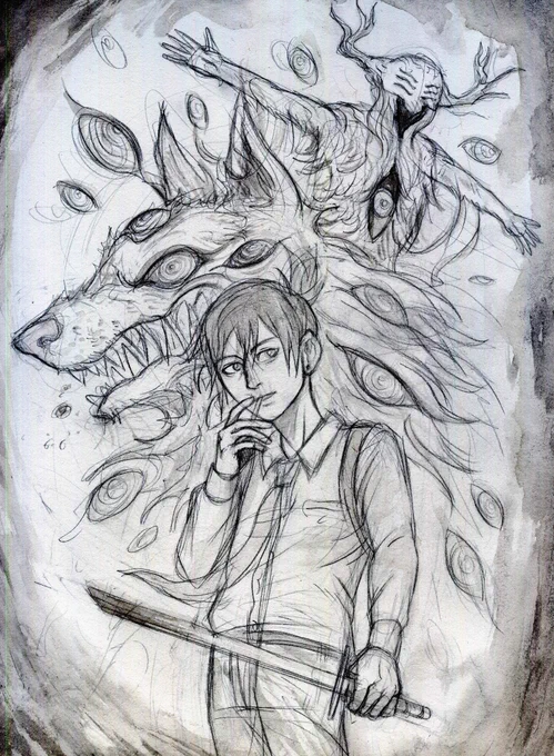 My inkwash drawing of Aki Hayakawa and friends 🦊

(go read chainsaw man)

#chainsawman 