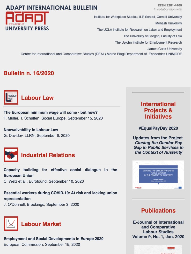 🆕#ADAPTInternational Bulletin 16/2020 in now out!
👇
mailchi.mp/adaptinternati…

#MinimumWages #LabourLaw #SocialDialogue #EssentialWorkers #WorkingHours #SkillsSystem #YouthAspirations #Burnout #WorkLifeBalance #FutureOfOffice #Pensions #Welfare #EqualPayDay