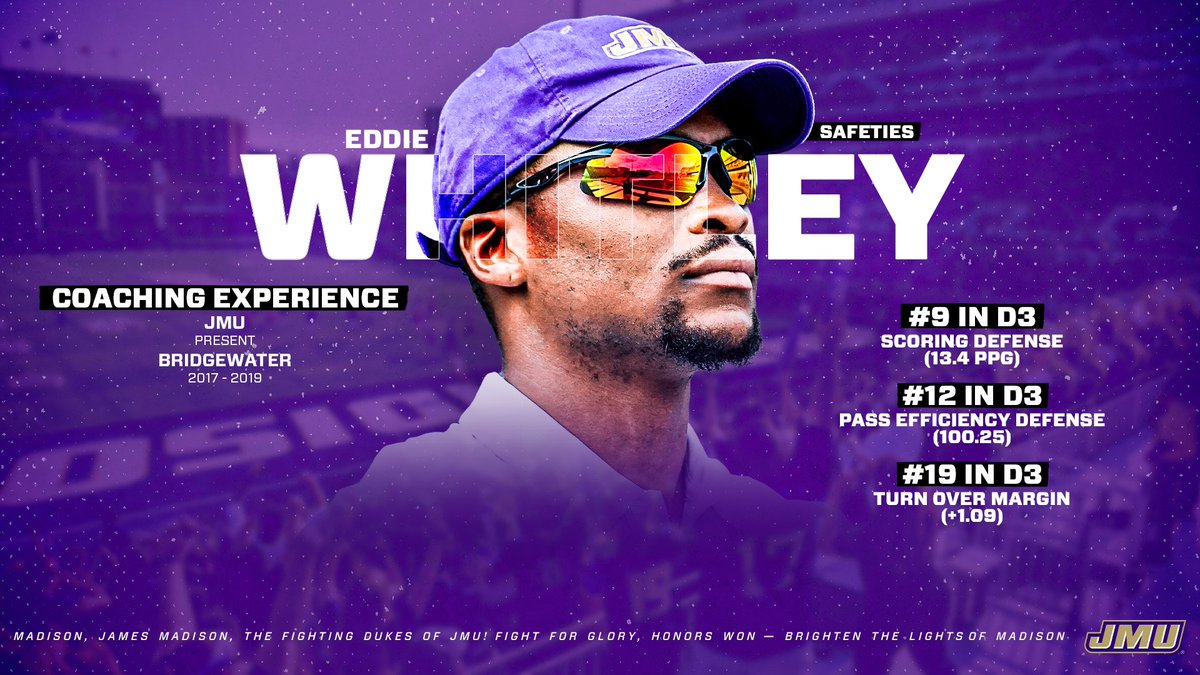 JMUFootball's tweet photo. Meet JMU safeties coach Eddie Whitley Jr. (@EddieWhitley37), who was hired this past February.

Whitley spent the last 3 years at Bridgewater, and his defense ranked 9th in D3 in scoring defense while winning the ODAC title in 2019.

#GoDukes https://t.co/dNeT0qAAzl