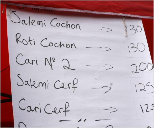 Chamarel Fair, Mauritius, menu with monkey meat ("Cari No 2")