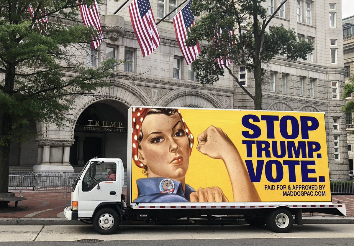 maddogpac's tweet photo. Have you SEEN our Rosie? She's out there on DC streets doing the lord's work. Trolling the #MonsterInChief - and we won't quit til he's gone. We need your help to stay on the road. Chip in $5 or treat yourself to our cool gear. 

https://t.co/wSMpMf8dEL
https://t.co/inGNJ3iM46 https://t.co/X9u1mZOvcT