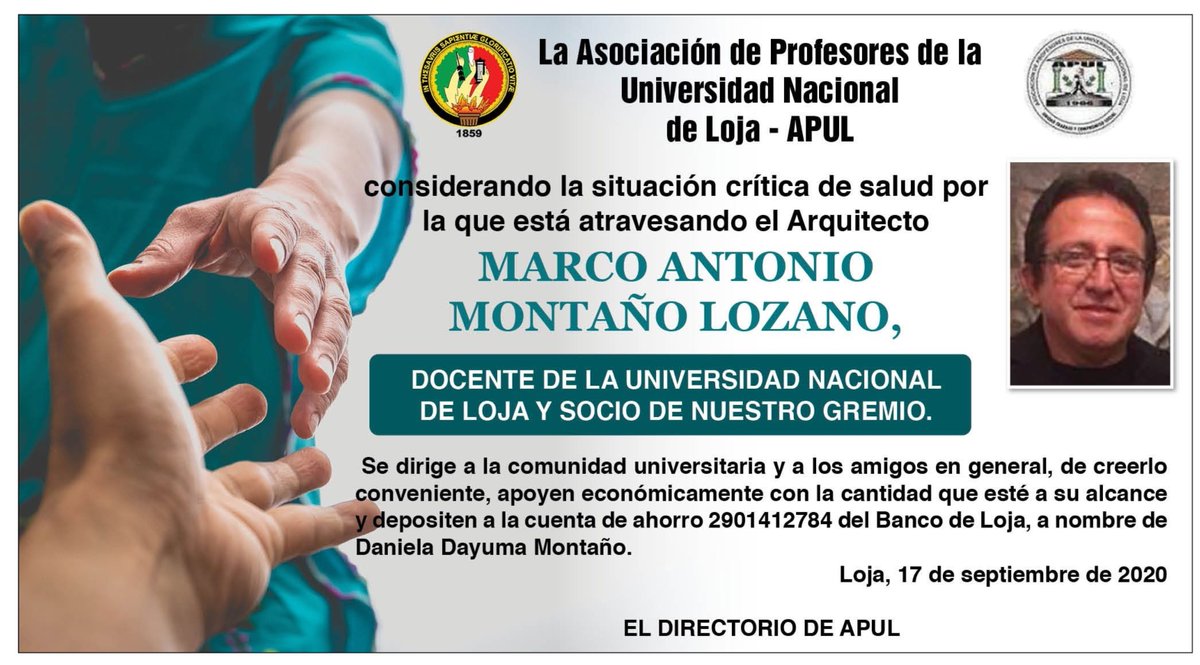 SOLIDARIDAD con el Arq. Marco Montaño Lozano.

<a href="/UNLoficial/">Universidad Nacional de Loja</a> @RadioUNL <a href="/Cultura_Ec/">Viceministerio de Cultura y Patrimonio</a> <a href="/cadenaecotel/">Cadena Ecotel</a> <a href="/ComuSocialUNL/">Carrera de Comunicación UNL</a> <a href="/nasaloja/">NASA</a> <a href="/YRivadeneira/">Yota</a> <a href="/thuesmon/">Thuesman Montaño</a> <a href="/NikolayAguirre/">Nikolay Aguirre</a> <a href="/monicapozo/">Mónica Pozo</a> <a href="/FEPUPE_ec/">FEPUPEcuador</a> <a href="/juanfernandobo8/">juan fernando borja</a> <a href="/LaHechiceraFM/">La Hechicera 88.9 FM</a> <a href="/tueresunl/">Transformación Universitaria</a> <a href="/Tuestudiantes/">esTUdiantes</a> <a href="/cculturaloja/">CCE Núcleo de Loja</a>
▶️drive.google.com/file/d/1o3ulin…