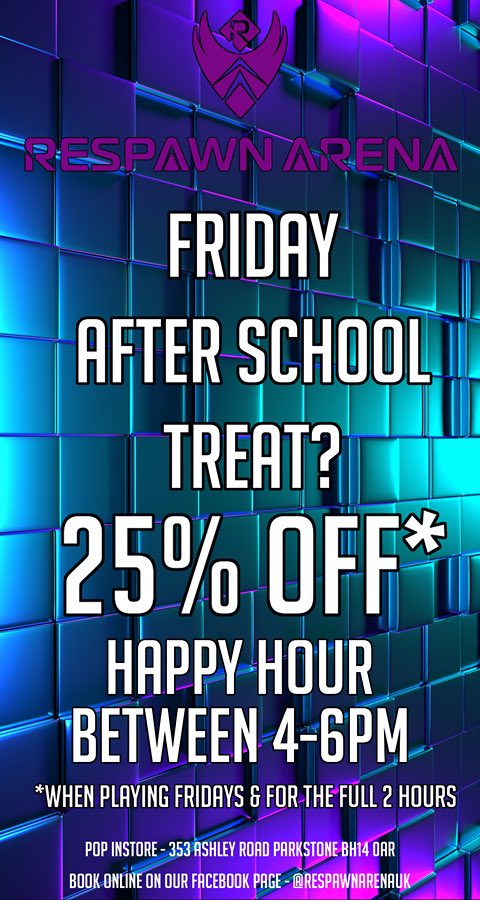 RespawnArena's tweet photo. Fancy a Friday After School Treat? We are now offering 25% off the normal hourly rate when playing for 2 full hours between 4-6pm on Fridays! Play all the hottest games including Among Us, Fortnite, Apex plus a lot more!
Terms Apply #fridayhappyhour #amongus #fortnite #apex https://t.co/9dzLCLkpxu