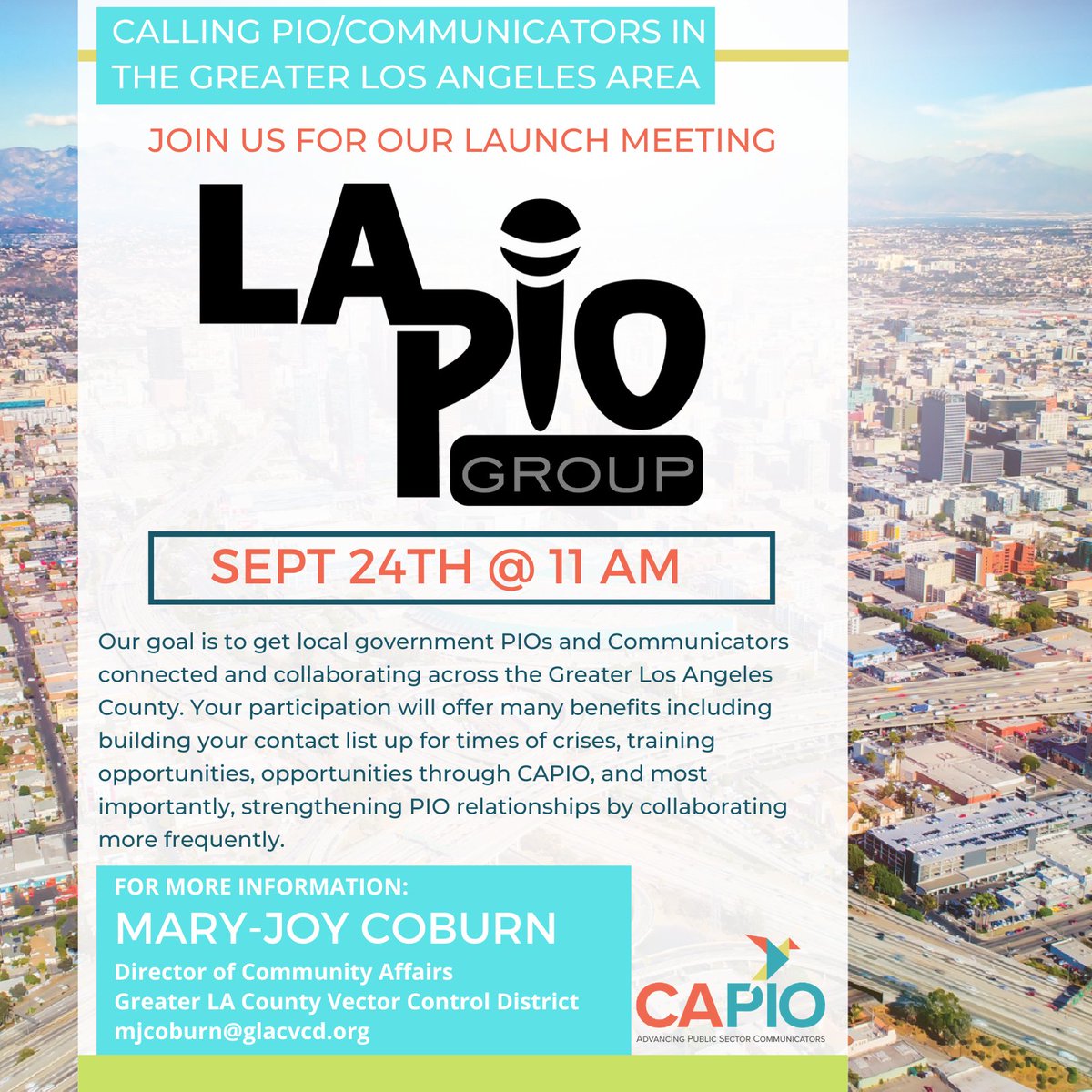 maryjoycoburn's tweet photo. Calling government PIO/Communicators in Los Angeles County! Join us for a local PIO Group meeting to network, collaborate, and to discuss crisis management. See flyer for details or contact me with questions. #LAPIO #CAPIO #GovernmentCommunicators #Communications #GreaterLA https://t.co/CTf9UmyZae