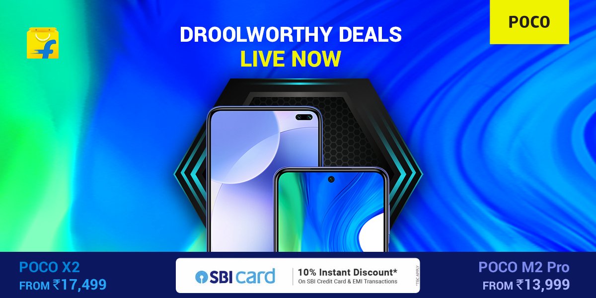 IndiaPOCO's tweet photo. An offer that you shouldn't miss! Get 10% instant discount* on #POCOX2 and #POCOM2Pro during @Flipkart's #BigSavingDays event.

POCO X2: https://t.co/X56aa4eMZr
POCO M2 Pro: https://t.co/oJG2yOYYrg

Offer applicable on SBI Credit Card and EMI transactions.
*T&amp;C apply https://t.co/GMn2197Q1X