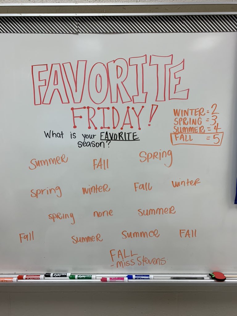 MissStevens20's tweet photo. “Favorite Friday” is my favorite day of the week! I love learning about all their favorites! Today we tallied up our answers and found out that FALL is the most popular favorite season in our class! 🍂 🧡🎃👻 https://t.co/k6TbxFxVM0