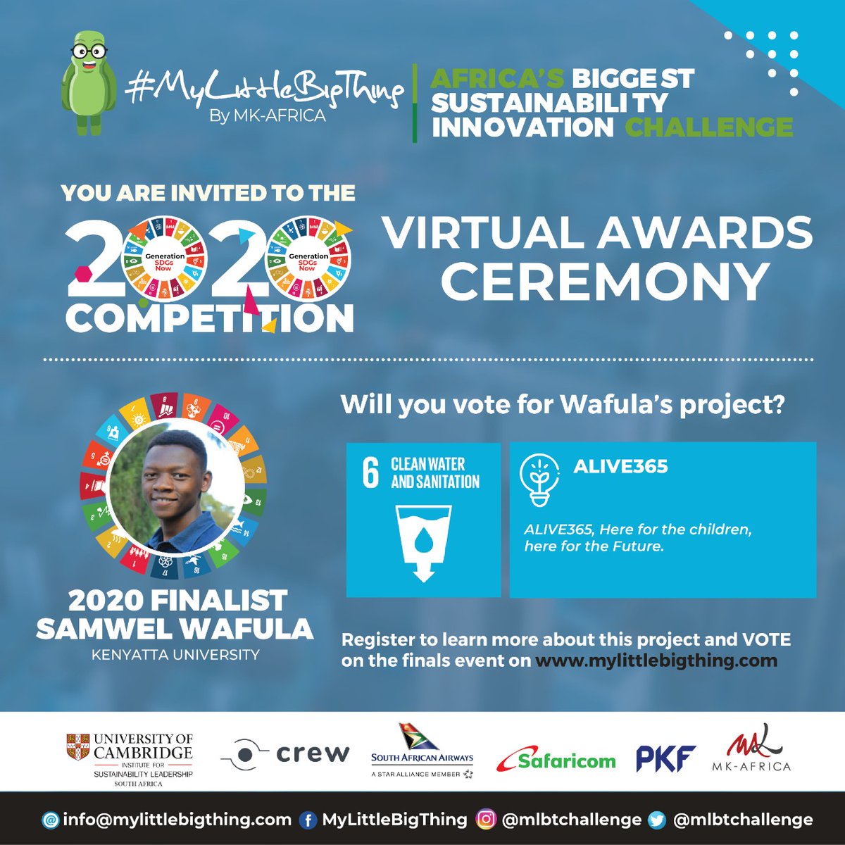 Our Co-Founder SAMWEL has made to the #MyLittleBigThing competition finals. Let us support him by registering and voting for him on the 24th of September 2020. He will be representing #Kenyattauniversity Africa wide.
Register using the link below,
us02web.zoom.us/meeting/regist…
#SDGs