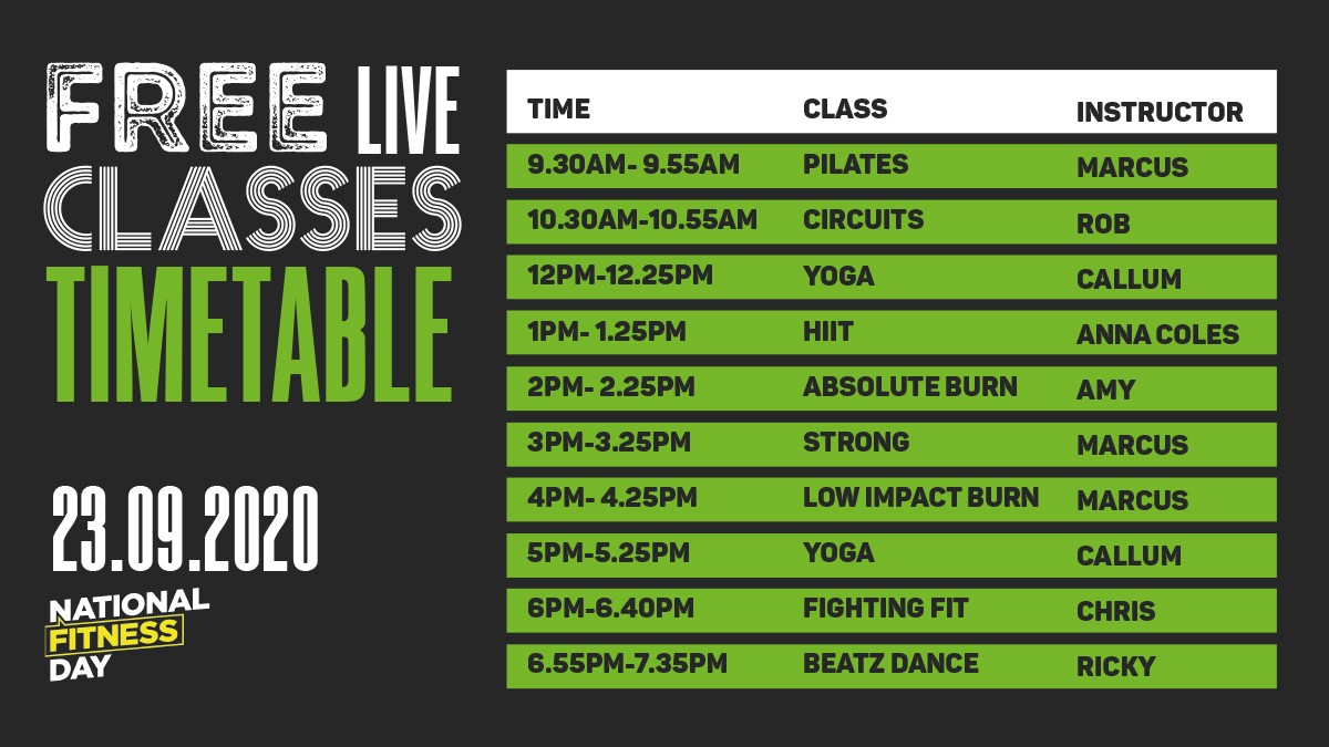 The countdown until <a href="/FitnessDayUK/">National Fitness Day</a> is on!

Check out and share our timetable of FREE, live, online classes available for everyone!

For current members, book onto your classes within the member area of your app. For non-members, please book your spot here👉bit.ly/2ZO86lg