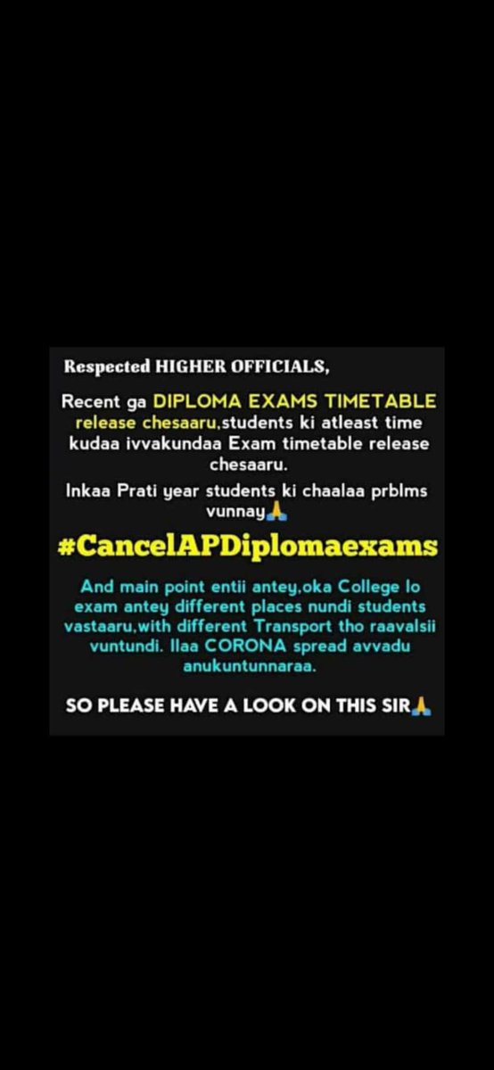 VamshiNaik9999's tweet photo. #CancelAPDiplomaExams 
#APSBTET
@narendramodi |@ysjagan|#AdimulapuSuresh |@PawanKalyan |@ncbn
#WeWantJuctice https://t.co/DV4krBUHTj