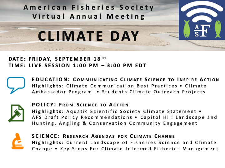 AmFisheriesSoc's tweet photo. Happening at #AFSvirtual2020 today: #AFS_ClimateDay builds upon Monday's #SaveOurFishClimateStatement and thought-provoking #climatechange plenary speakers. Check out the full day's schedule of events: https://t.co/4Qwyh6I3tu https://t.co/4UtmZhi51L
