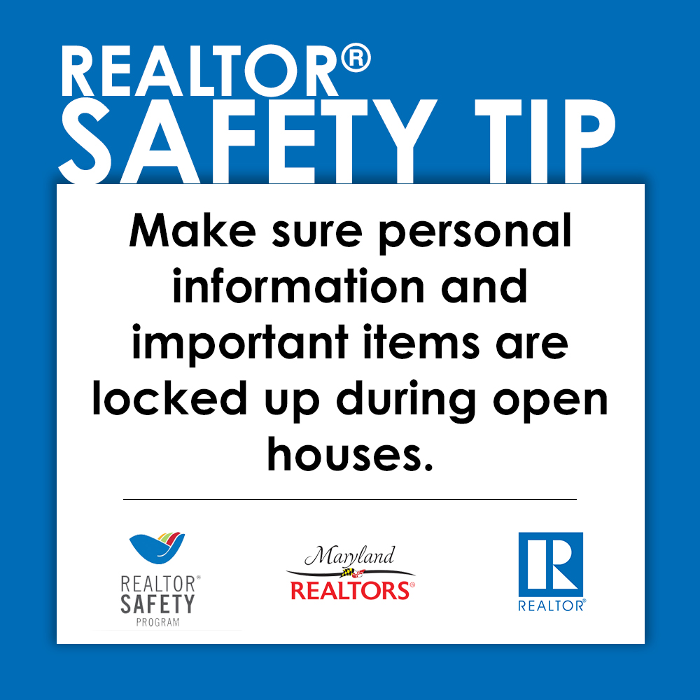MDRealtors's tweet image. Tell your sellers not to leave personal information like mail out during showings or open houses. Lock up laptops, medications, firearms, and easy-to-pocket electronics and jewelry. #RealtorSafety