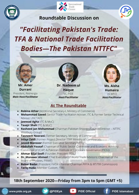 PIDEpk's tweet photo. #PIDERoundtable on #PakTrade 
Roundtable Discussion "Facilitating Pakistan's Trade: TFA &amp; National Trade Facilitation Bodies- The Pakistan NTTFC" is starting in a while

Join us Live 🔴 https://t.co/ylP1jX2lD0

#PIDEIdeas  #TradePIDE

@nadeemhaque @durre_nayab_ @D_AMERZ @ITCnews https://t.co/xU8KhQgCIk