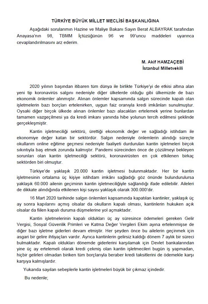 Akif_Hamzacebi's tweet photo. Pandemi sürecinin derinden etkilediği sektörlerden biri kantin işletmeciliği. Fiilen çalışamadıkları halde borçları büyümeye devam ediyor. 300 bin kişiyi ilgilendiren bu mağduriyet için acilen adım atılmalı. Konuyla ilgili soru önergem TBMM’de. https://t.co/jYXYElo2q9