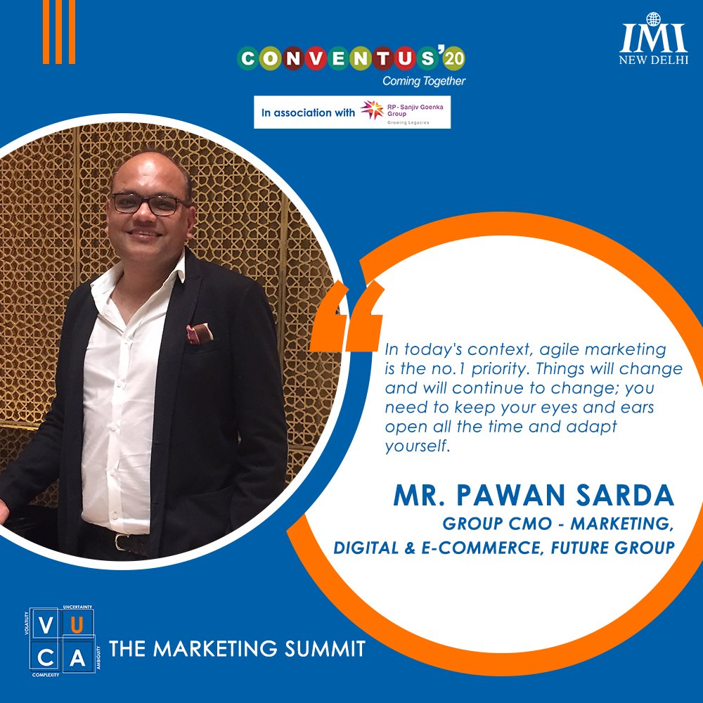 IMINewDelhi's tweet photo. Mr. Pawan Sarda, Group CMO - Marketing, Digital &amp; E-Commerce, Future Group (@fg_buzz), shares his thoughts at the 'Marketing Summit' during Conventus'20, IMI New Delhi's Annual management conclave.

#TheMarketingSummit
#Conventus20
#ComingTogether
#VUCA
#IMINewDelhi https://t.co/JHFblR6UF5