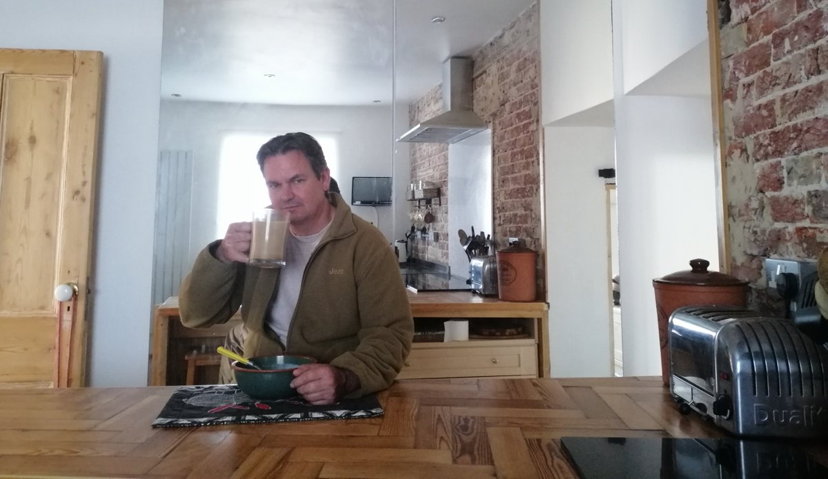 Nick at his upcycled breakfast bar: Victorian parquet blocks, 70's sideboard, pallet wood &amp; 90's chest of drawers! Inspired by <a href="/maxreestore/">Max McMurdo</a>
