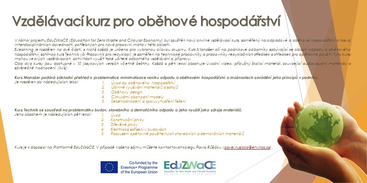 Vzdělávací kurz pro oběhové hospodářství.
Kurz je k dispozici na Platformě EduZWaCE. V případě Vašeho zájmu můžete kontaktovat kolegu Ing. Pavla Růžičku (pavel.ruzicka@enviros.cz).