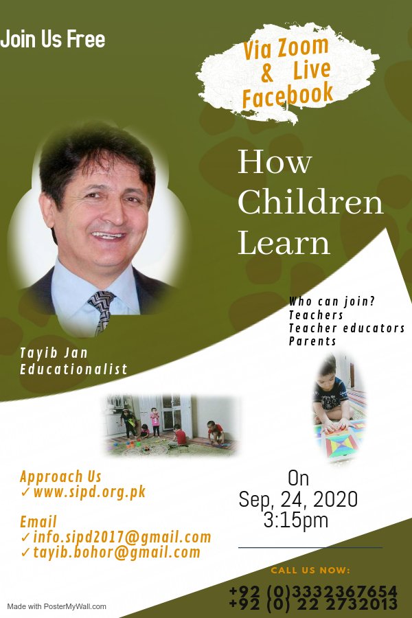 Our upcoming session: How Children Learn
Please register at your earliest on the following link
forms.gle/NbhaVEAdrLcPPK…
Facilitator's profile: sipd.org.pk/index.php/comp…
<a href="/tayibjan/">Tayib Jan</a> #howChildrenLearn #ComingSoon <a href="/OfficialSIPD/">SIPD</a>