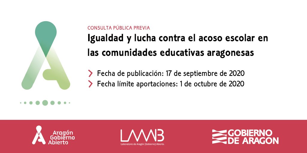🔊 ¿Tienes aportaciones que pueden contribuir a la convivencia, la igualdad y contra el #AcosoEscolar en las comunidades educativas aragonesas?

▶️ gobiernoabierto.aragon.es/agoab/particip…

🙏🏼🗣 Ayúdanos a difundir 📢👥
#ParticipaciónCiudadana
#ConsultaPúblicaAragón
<a href="/GobAragon/">Gobierno de Aragón</a>