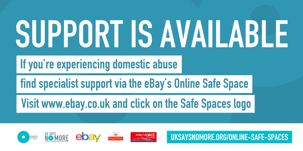 UKSAYSNOMORE's tweet photo. You can now access Online Safe Spaces on @RoyalMail, @eBay_UK @PostOffice &amp; @parcelforce websites. By clicking the Safe Spaces logo on each website, you can access information and resources on domestic abuse while tracking a parcel or shopping online

➡️ https://t.co/zSnCmoCUYl https://t.co/tfXzLWhd0Z