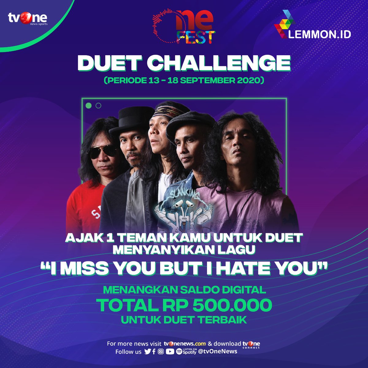 tvOneNews's tweet photo. Ayo ikuti #OneFestDuetChallenge dan menangkan saldo digital total Rp 500.000! Untuk syarat dan mekanismenya, kunjungi Instagram @onefest_tvone atau klik link https://t.co/CviM87PGzf #OneFestSlank https://t.co/qhe88TMCeS