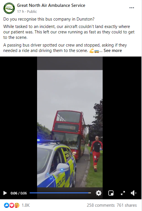 We managed to find the bus driver who helped our team. 💚

Ian Grey, our paramedic who was on call that day, said:

We attended a job in Dunston, but due to the built up area of the scene, we had to land the helicopter a distance away and run with our response bags. [1/2]