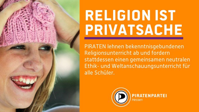 Religion ist Privatsache! Deswegen wollen wir den Religionsunterricht durch einen gemeinsamen Ethik- und Weltanschauungsunterricht ersetzen. Das fördert die Integration und Toleranz. #kircheistzukunft #Piraten / *fr