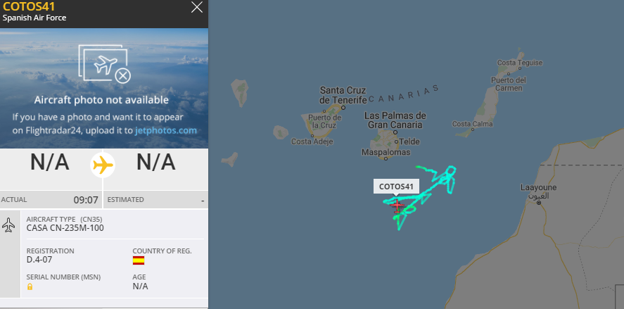 5472_nde's tweet photo. COTOS41 D4-07 #SpanishAF CN235M on #ISR mission off coast Western Sahara, possibly migrant watch. 1034z @MarkTammAdsb https://t.co/SzvOxkwIXj