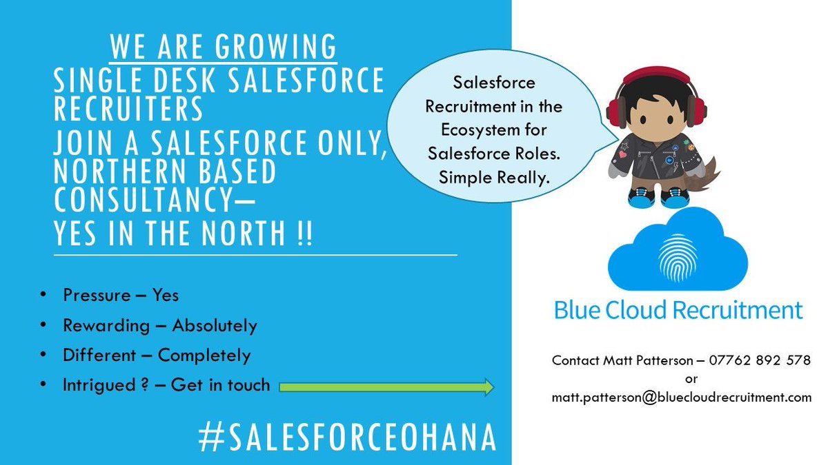 Blue Cloud is Hiring!

Please get in touch with Matt Patterson <a href="/laulimasf/">Matt Patterson</a> matt.patterson@bluecloudrecruitment.com or you can call him to 07762892578

#salesforcejobs #saleforcerecruiters #salesforcerecruitment #itrecruitment #salesforceohana #salesforce #trailblazercommunity
