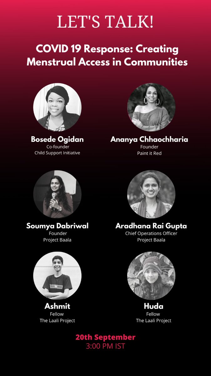 thelaaliproject's tweet photo. The Laali Project invites you to a virtual panel discussion on the topic "COVID-19 Response: Creating Menstrual Health Access in Communities".
Date- 20th September 2020
Time- 3:00 PM IST
Registration link https://t.co/fBzuWnqMIA

#menstruation #SRHR #periodpoverty #GlobalGoals https://t.co/yywKnq2OQD