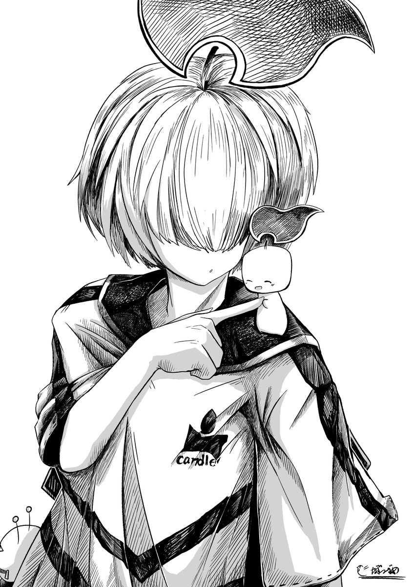 やぶつばめ モノクロイラスト キャンドル君と遊ぶケルツェ君 イラスト 創作 モノクロ