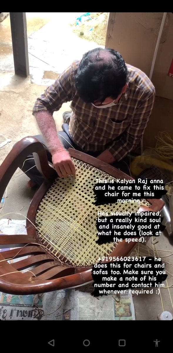 Chennai Folks!
He is kalyan Raj anna , Part of CAD blind foundation trust. #verified
He can do recaning chairs , upholstery work , car seat bead making etc. உங்களுக்கு தெரிஞ்ச circle ல kindly  forward. 
Kindly note, they are not interested to take donations , they need work. 🙏