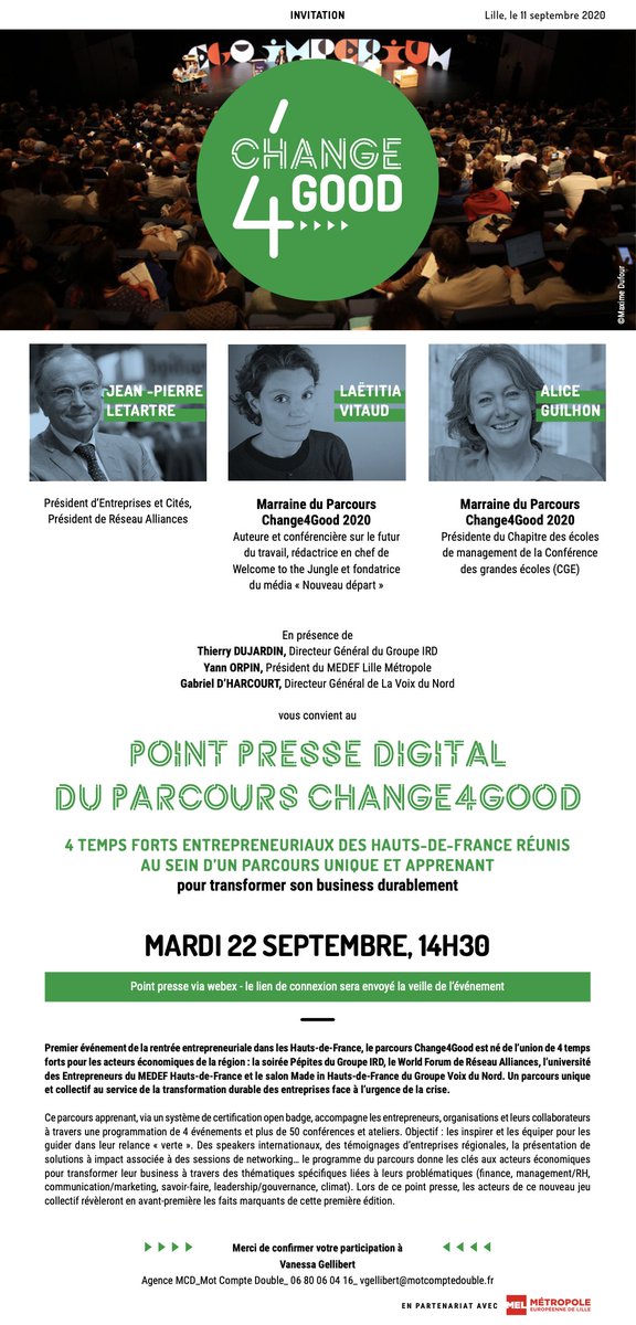👉🏽 RDV mardi 22 septembre, pour découvrir le lancement de #Change4good, un parcours unique regroupant 4 temps forts entrepreneuriaux. W/ Jean-Pierre LETARTRE, #Boss de Entreprises et Cités, dans le but de proposer des solutions à la fois utiles et durables♻️pour les entreprises💪🏼