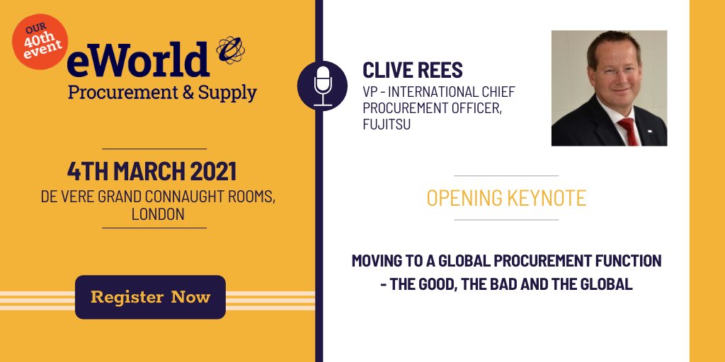 PSIevent's tweet photo. 📢 Opening Keynote 📢 Dr Clive Rees, will be talking to us about "Moving to a Global Procurement Function – The Good, the Bad and the Global"
Don't miss out, secure your place at the next #eWorldForum >> https://t.co/XlA4TFiOhA
#procurementandsupply #eprocurement #supplychain https://t.co/FJsOKNfbMR