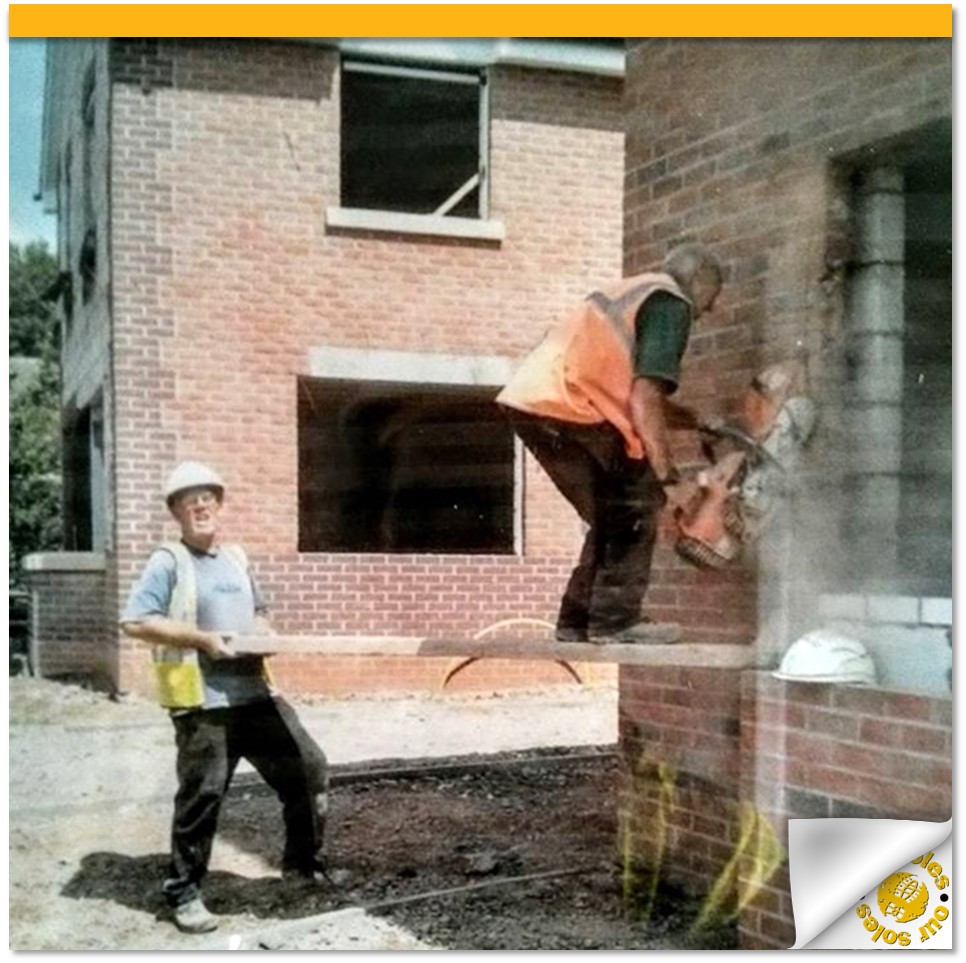 Apparently these workers weren't provided with a step-ladder or anything else to stand on to provide a #safe platform
They were provided with head protection, but one chap decided that it’s safer without
Always wear the #PPE you're provided; especially when handling power tools.