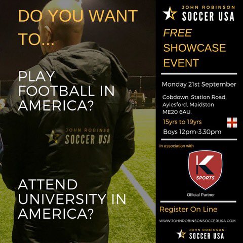 We are proud to be supporting <a href="/robinson_usa/">John Robinson Soccer USA</a> and offering player pathways to 🇺🇸! Showcase event Monday 21st September at  <a href="/ksports_1/">K Sports</a>. 

Register using the link 👍

johnrobinsonsoccerusa.com/showcase-event…