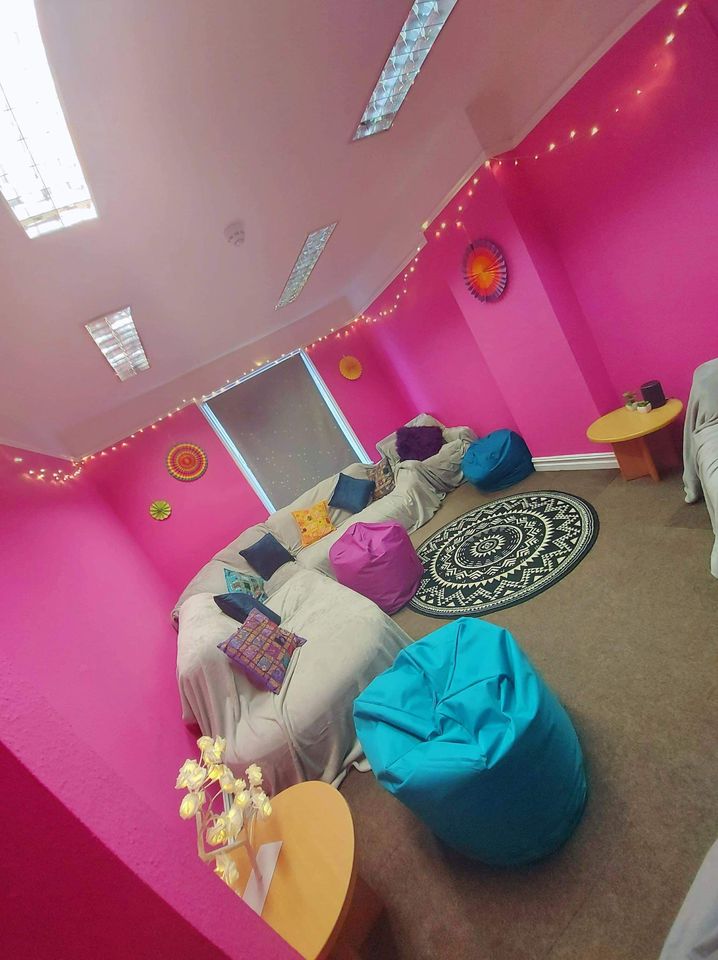 Yesterday's room reveal was our new chillout lounge named 'Tranquility'.....just look at that gorgeous colour! Filled with cosy throws, comfy sofas and beanbags, a mood board and an Alexa!