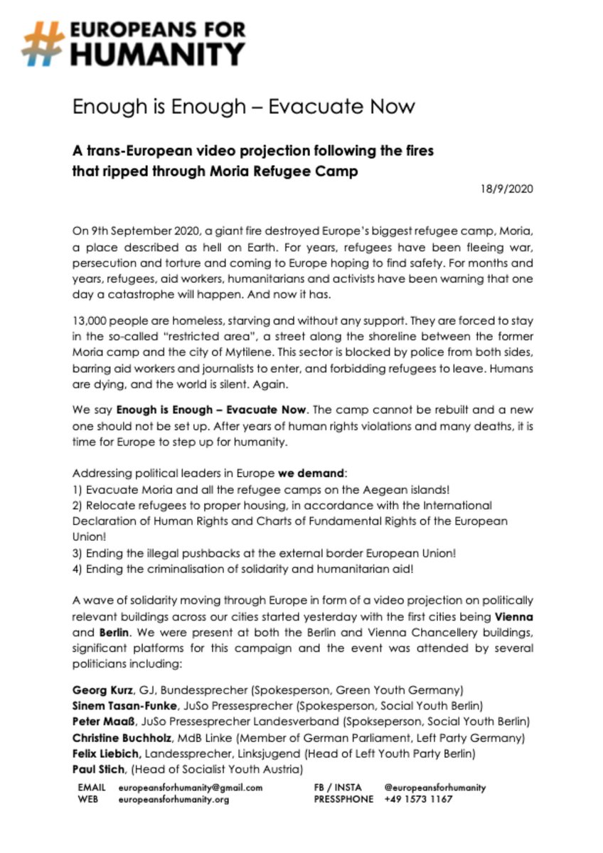 ENoMW's tweet photo. European Network of Migrant Women supports and signs the press statement initiated by #EuropeansForHumanity, in support of the evacuation of the Moria refugee camp in Greece following the fires that ripped through it. https://t.co/f7XgJDF68q