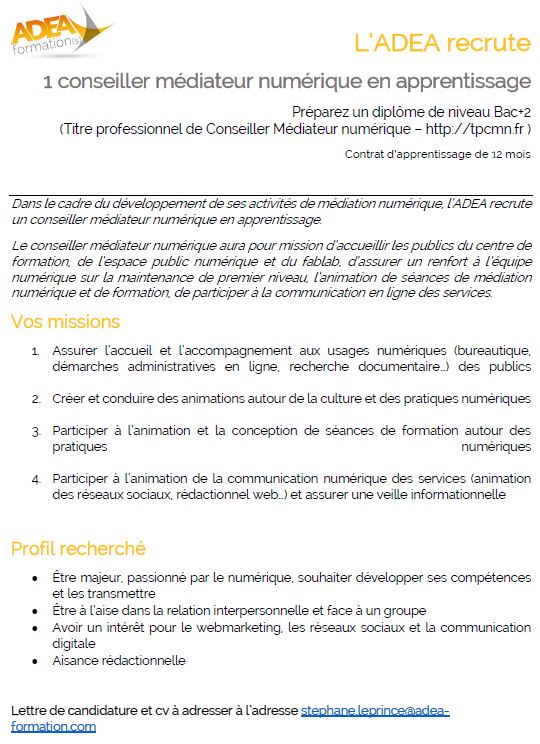 L'<a href="/ADEAformation/">ADEA</a> recrute un apprenti médiateur numérique #mednum #emploi #BourgenBresse #Ain #AuvergneRhoneAlpes