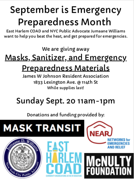 eastharlemcoad's tweet photo. Come check out our Emergency Preparedness Month giveaways in #eastharlem this weekend with @cmdianaayalanyc @nycpa @MaskTransit #communitypreparedness #communityresponse https://t.co/WIrTW8e3U2