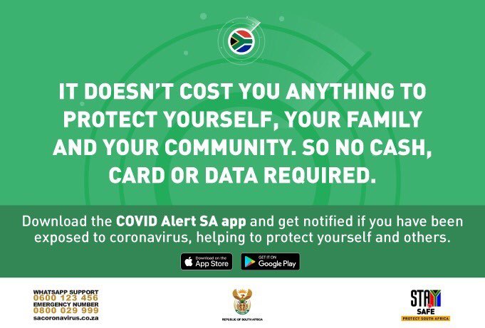 GovernmentZA's tweet photo. Download the #COVIDAlertSA which can notify you if you have been exposed to another app user with #COVID19.
The app has been zero-rated by mobile networks, so you can download it without any data costs.
Download the app here: https://t.co/ipFVJszxCN #AlertMe #StaySafe https://t.co/EHnUenSG2y