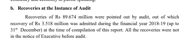  @murtazawahab1  @MuradAliShahPPP out of a total expenditure of 445 million rs - 89 million rs recovery were identified out of which only 3.51 recovered . Audit year is 2017 - 2018 .