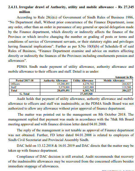 mobilie allowance 27 million rs  @murtazawahab1 Sindh sales tax worth 3.5 million rs not collected . WHT 1.836 million PDMA hasnot done annual audit on items of store