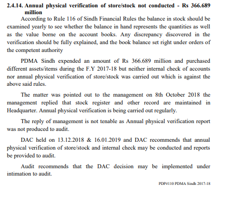 mobilie allowance 27 million rs  @murtazawahab1 Sindh sales tax worth 3.5 million rs not collected . WHT 1.836 million PDMA hasnot done annual audit on items of store