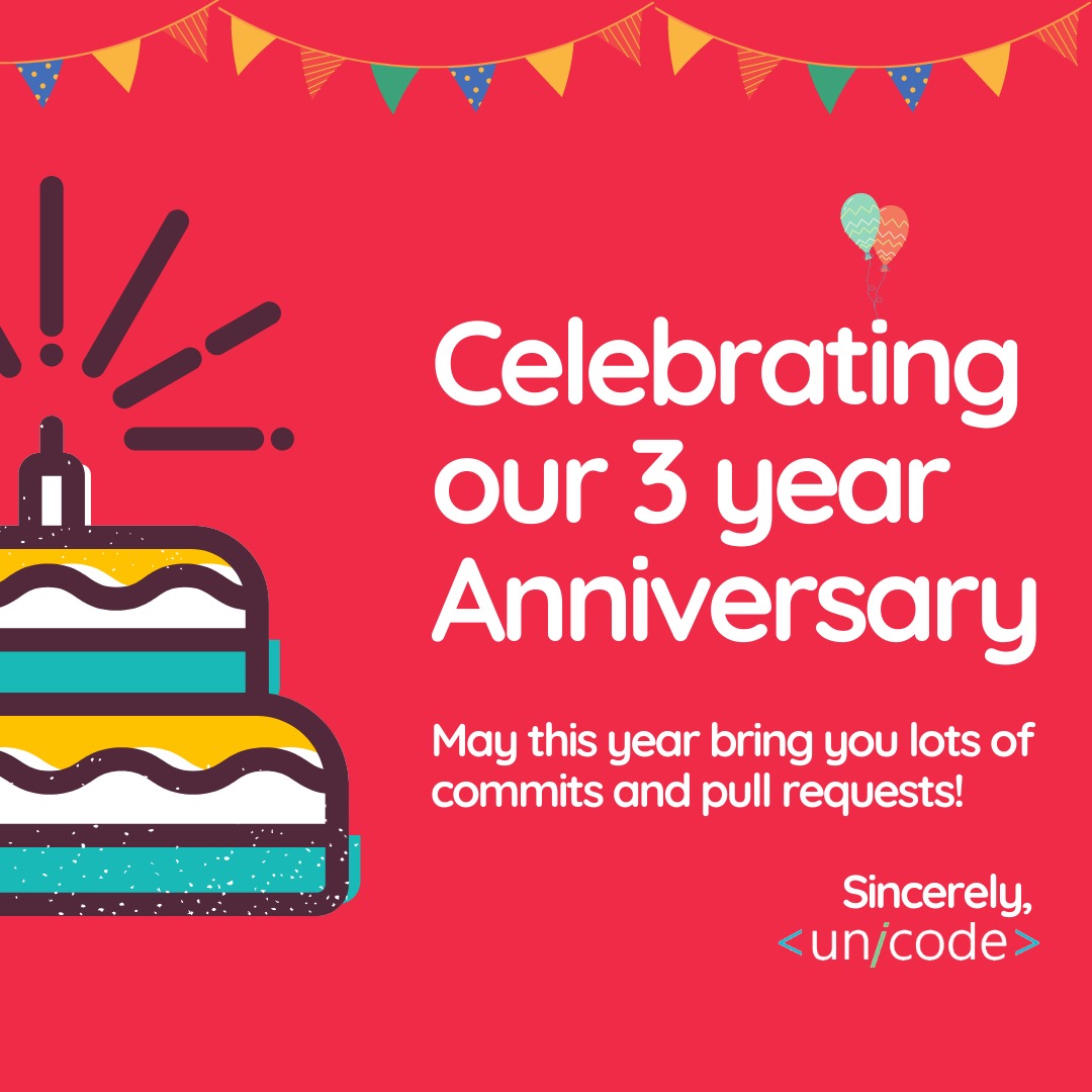 djunicode's tweet photo. Today, Unicode turns 3! Happy birthday to us! 😋🎂

What started as a sincere effort to foster a professional environment within our college, has now grown into a community of 200+ developers. 

We are very excited about this new year!

Stay connected for more updates 😉 https://t.co/Hfc2V2ucPt
