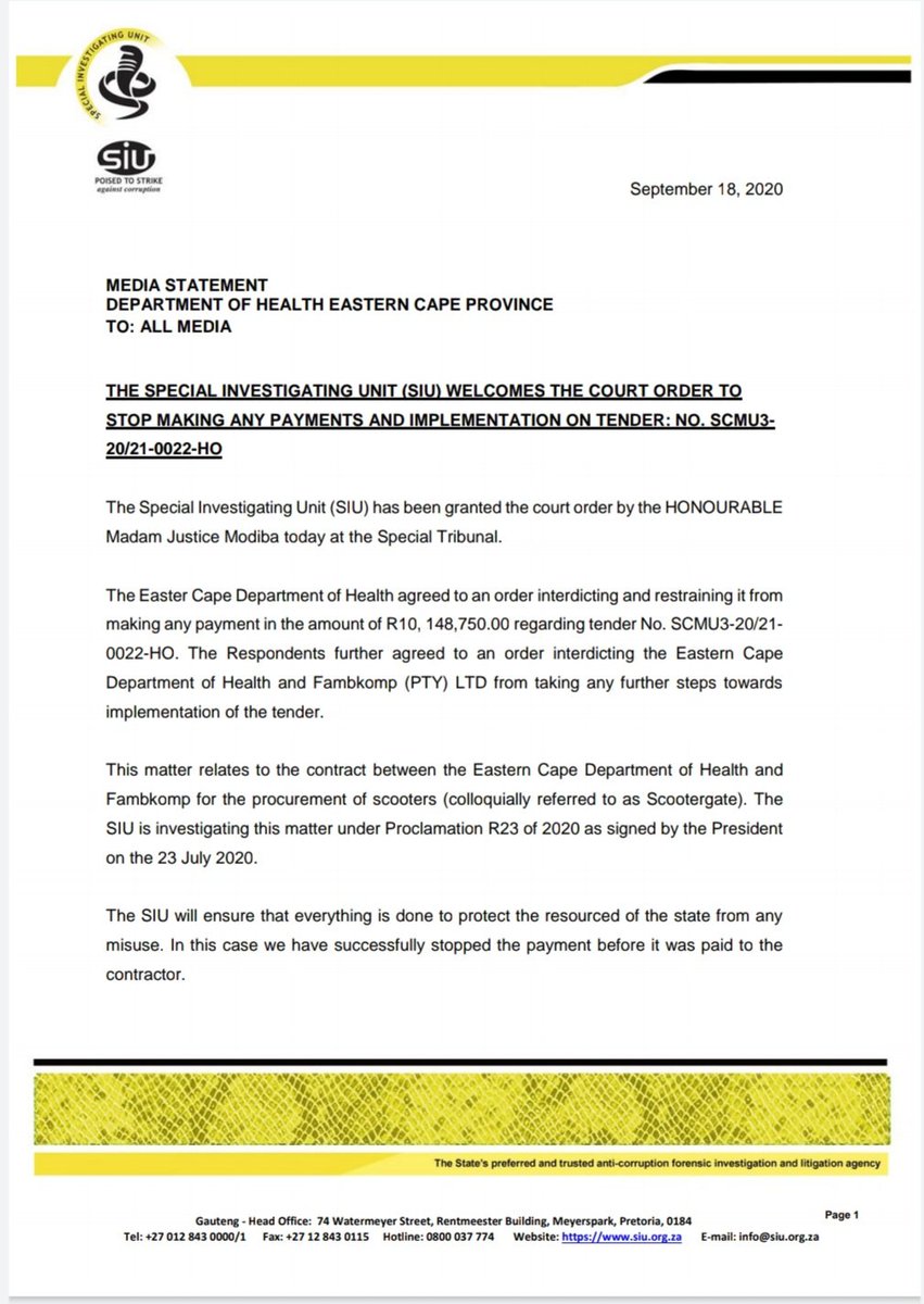 RSASIU's tweet photo. Media Statement : "Contract between the EC Dept of Health &amp; Fambkop for procurement of Scooters (colloquially referred to as Scootergate)"
#SIU
#SIUProgress
#FightingCorruptionIsOurBusiness
#CobrasStrikingAgainstCorruption
@TribunalSpecial https://t.co/epxWOMZ9zP