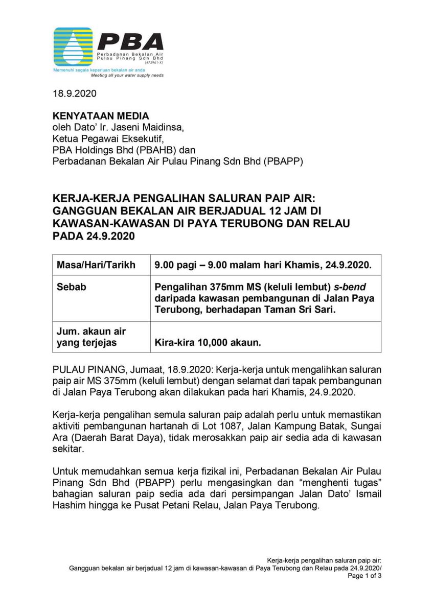 penang_kini's tweet photo. Kerja-kerja pengalihan saluran air paip :
Gangguan bekalan air berjadual 12 jam di kawasan #PayaTerubong #Relau
Pada 24.9.2020 https://t.co/OWGmExGlnb